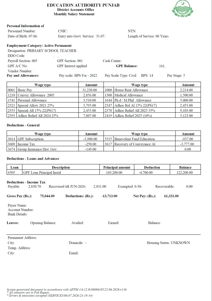 PIFRA Salary Slip