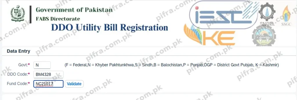 Pifra Utility Bills DDO and Fund Code